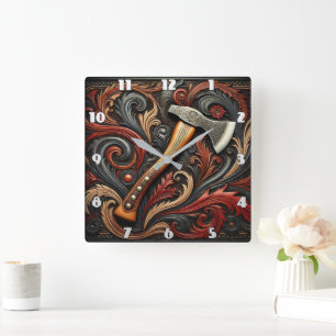 Firemans Ax bland Ornate Mönster Fyrkantig Klocka