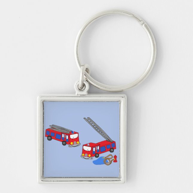 Firemans Red Fire Lastbilar Fyrkantig Silverfärgad Nyckelring (Framsidan)
