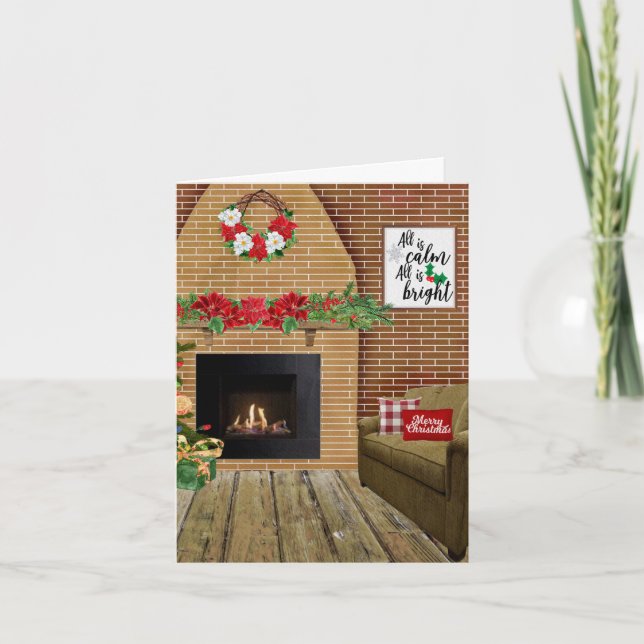Fireplace all is Lugn all is Bright Jul Card Helgkort (Framsida)
