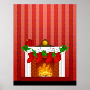 Fireplace with Juldekorationer Red Tapet Poster