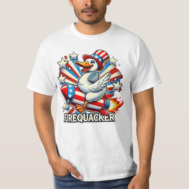 FIREQUACKER - Lönt Patriotic Goose på en Rocket T- T Shirt (Framsida)