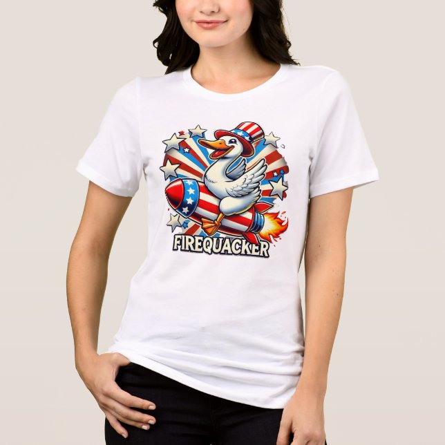FIREQUACKER - Lönt Patriotic Goose på en Rocket T- T Shirt (Framsida)
