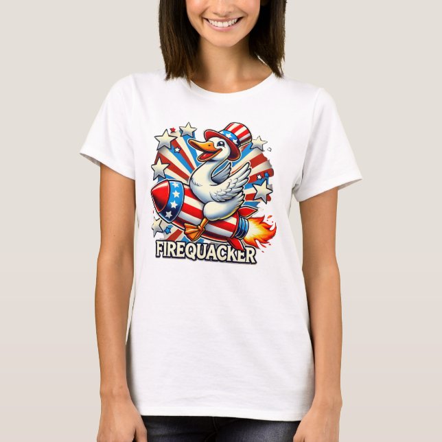 FIREQUACKER - Lönt Patriotic Goose på en Rocket T- T Shirt (Framsida)