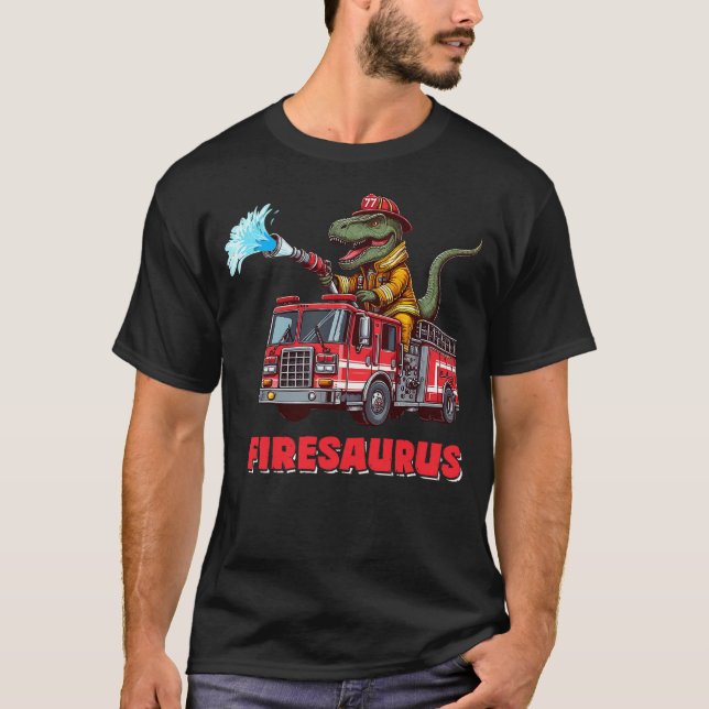 Firesaurus Firefighter Fire Truck T-Rex Dinosaur L T Shirt (Framsida)