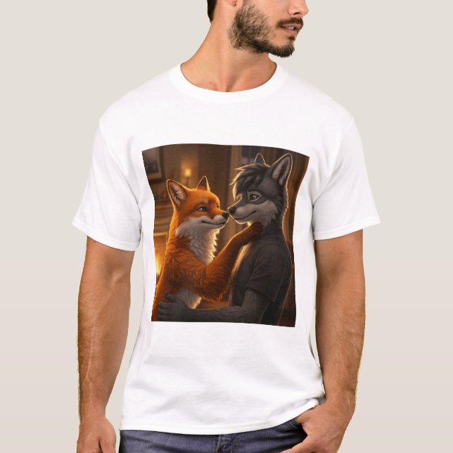 Fireside Tenderness: A Fox and Varg Embrace T Shirt (Framsida)