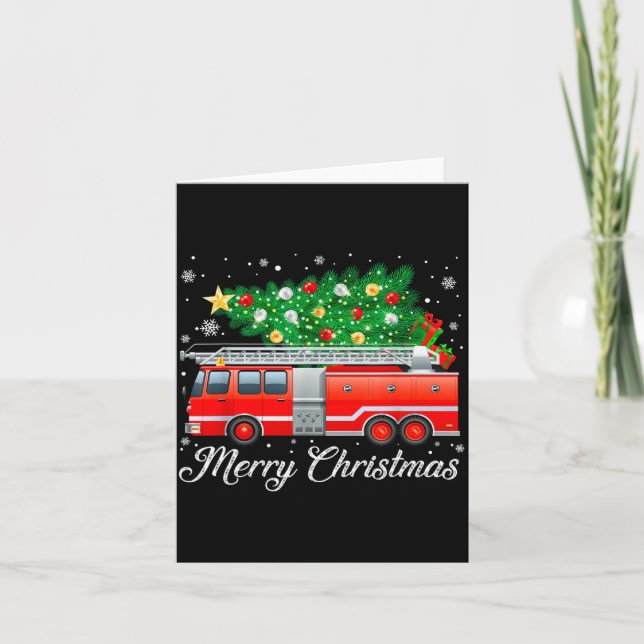Firetruck Christmas Tree Funny Xmas Pajamas Firefi Kort (Framsida)