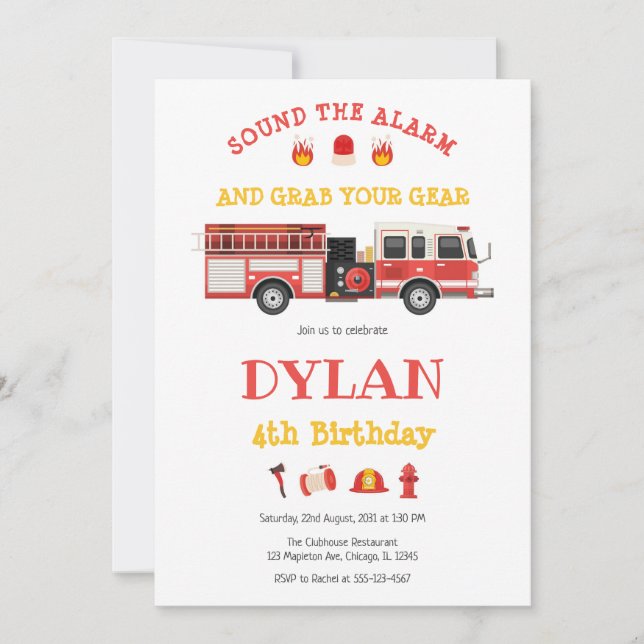 Firetruck Firefighter Kids Birthday Invitation Inbjudningar (Framsida)