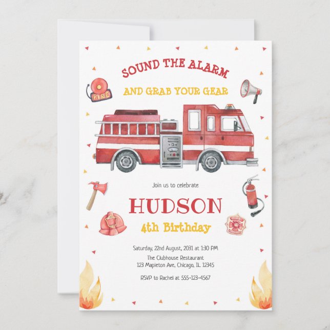 Firetruck Firefighter Kids Birthday Invitation Inbjudningar (Framsida)