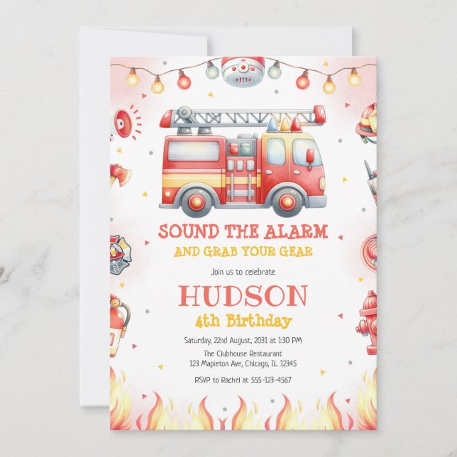 Firetruck Firefighter Kids Birthday Invitation Inbjudningar (Framsida)