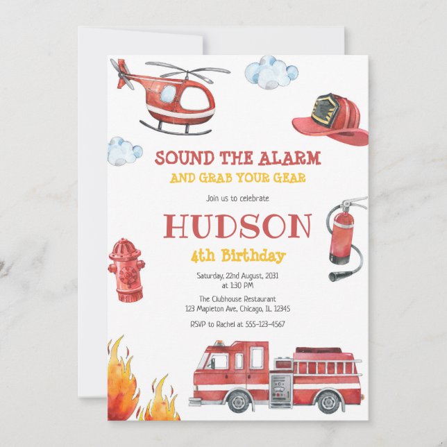 Firetruck Firefighter Kids Birthday Invitation Inbjudningar (Framsida)