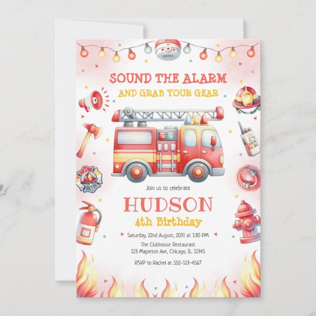 Firetruck Firefighter Kids Birthday Invitation Inbjudningar (Framsida)
