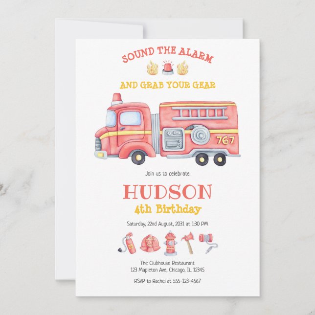 Firetruck Firefighter Kids Birthday Invitation Inbjudningar (Framsida)