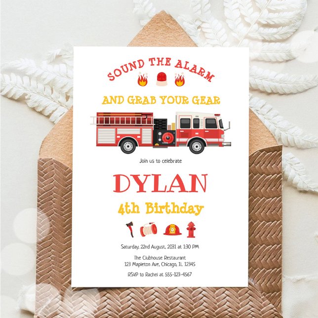 Firetruck Firefighter Kids Birthday Invitation Inbjudningar (Skapare uppladdad)
