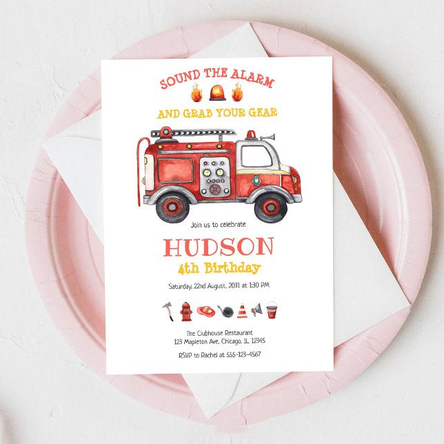Firetruck Firefighter Kids Birthday Invitation Inbjudningar (Skapare uppladdad)