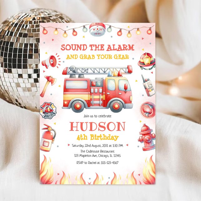 Firetruck Firefighter Kids Birthday Invitation Inbjudningar (Skapare uppladdad)