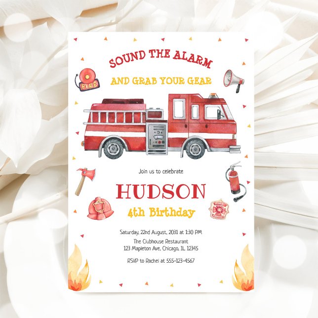 Firetruck Firefighter Kids Birthday Invitation Inbjudningar (Skapare uppladdad)