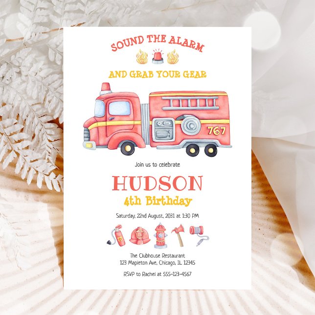 Firetruck Firefighter Kids Birthday Invitation Inbjudningar (Skapare uppladdad)