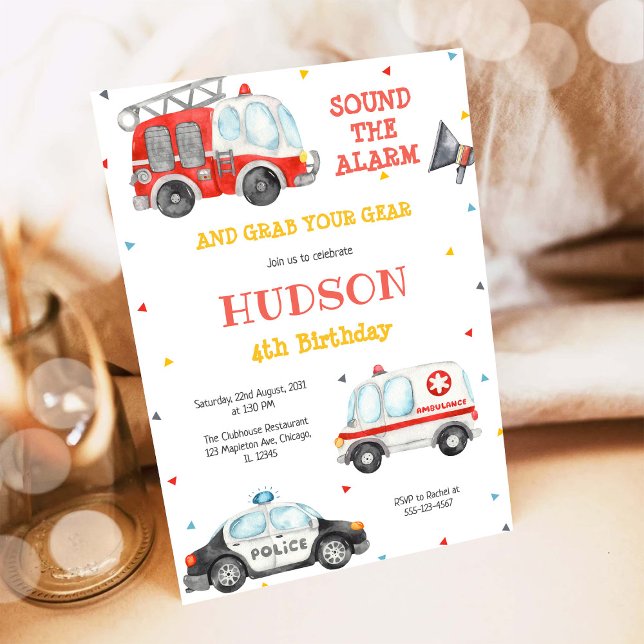 Firetruck Firefighter Kids Birthday Invitation Inbjudningar (Skapare uppladdad)