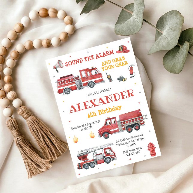 Firetruck Firefighter Kids Birthday Invitation Inbjudningar (Skapare uppladdad)