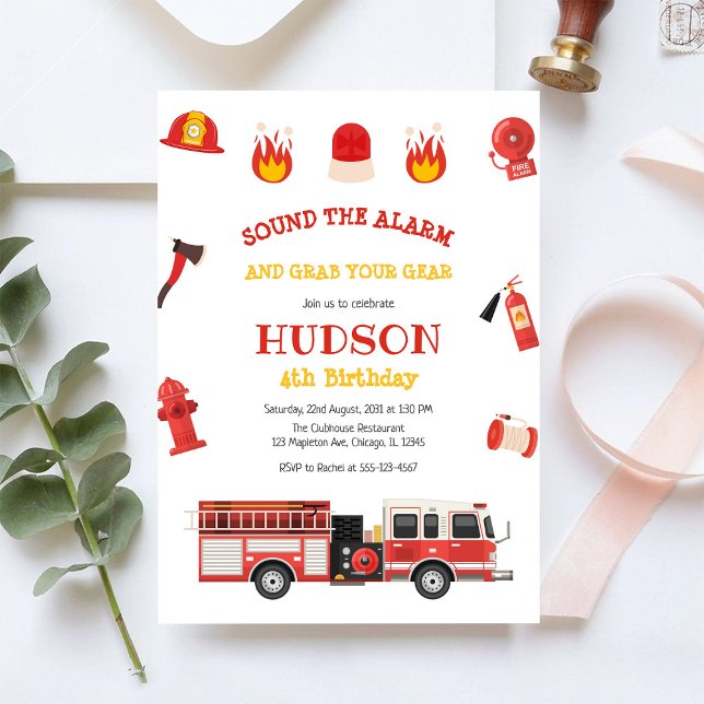 Firetruck Firefighter Kids Birthday Invitation Inbjudningar (Skapare uppladdad)