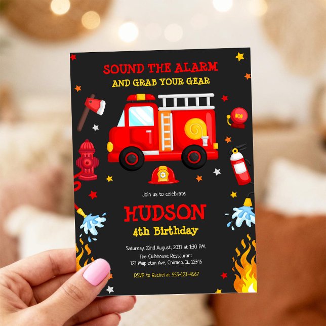 Firetruck Firefighter Kids Birthday Invitation Inbjudningar (Skapare uppladdad)