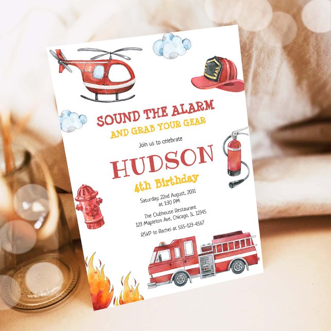 Firetruck Firefighter Kids Birthday Invitation Inbjudningar (Skapare uppladdad)