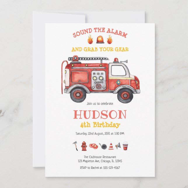 Firetruck Firefighter Kids Birthday Invitation Inbjudningar (Framsida)