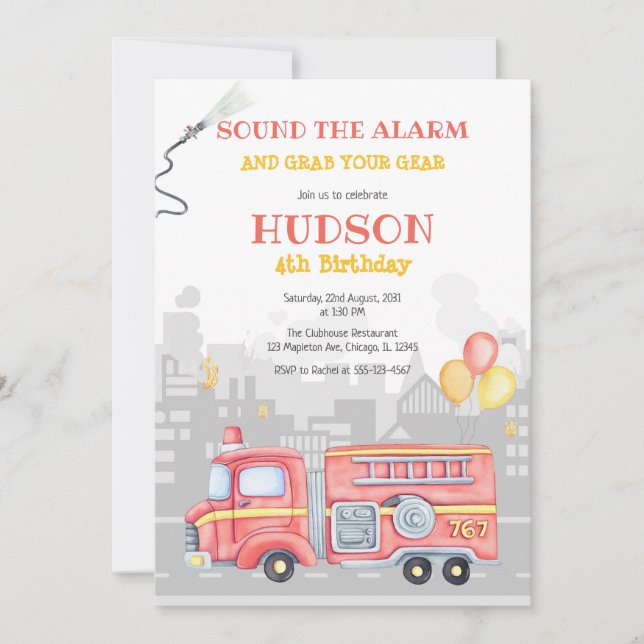 Firetruck Firefighter Kids Birthday Invitation Inbjudningar (Framsida)
