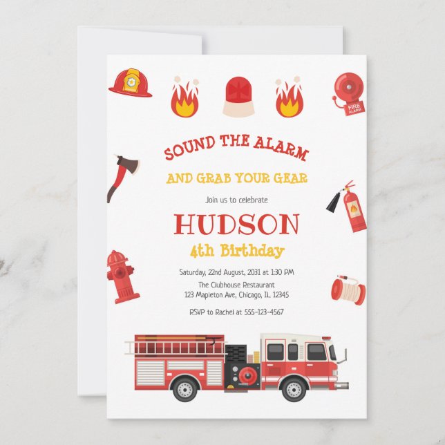 Firetruck Firefighter Kids Birthday Invitation Inbjudningar (Framsida)