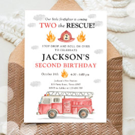 Firetruck Two the Rescue Boy Second Birthday Inbjudningar