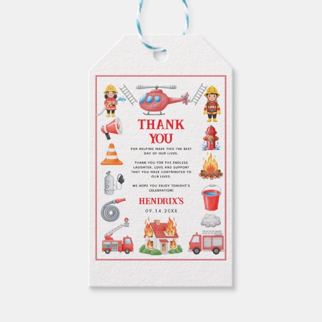 Firetrucks Boy 1st Birthday Cute Little Firefigher Presentetikett (Framsidan)