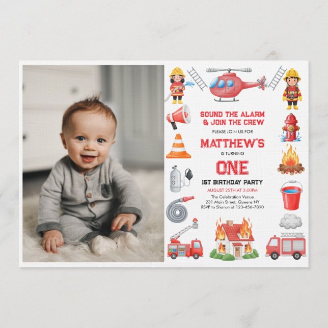 Firetrucks Boy 1st Birthday | Cute Little party In Inbjudningar (Framsida)
