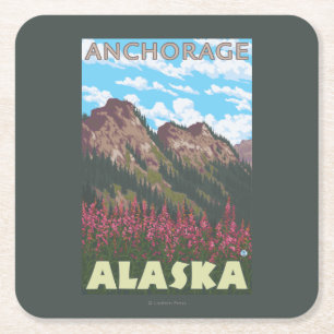 Fireweed & berg - ankring, Alaska Underlägg Papper Kvadrat