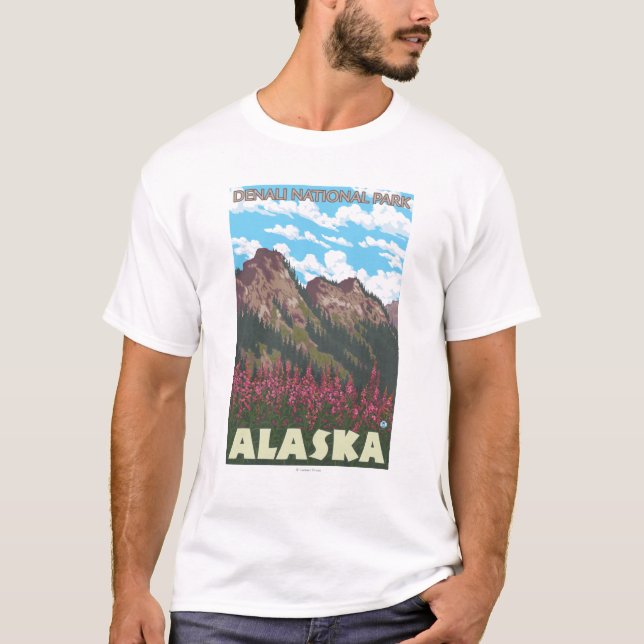 Fireweed & berg - Denali nationalpark, T Shirt (Framsida)
