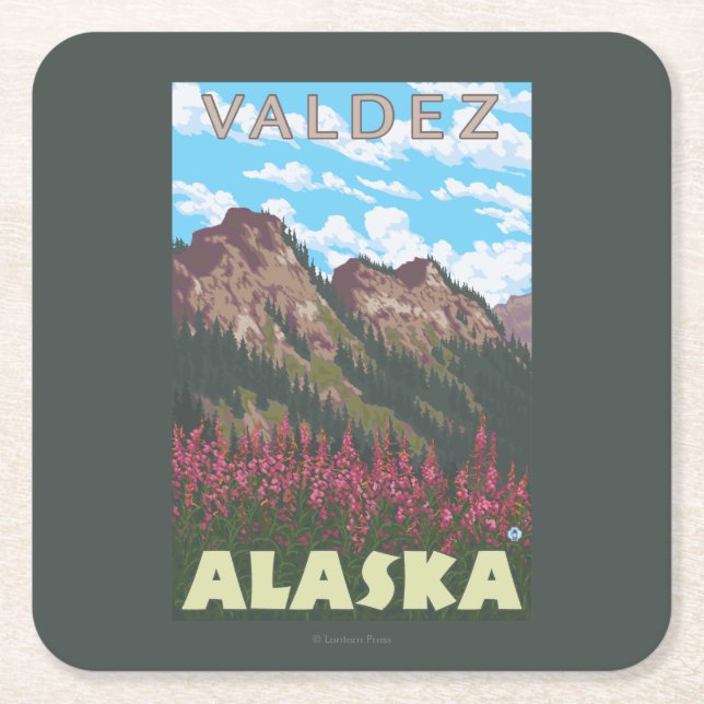 Fireweed & berg - Valdez, Alaska Underlägg Papper Kvadrat (Framsidan)