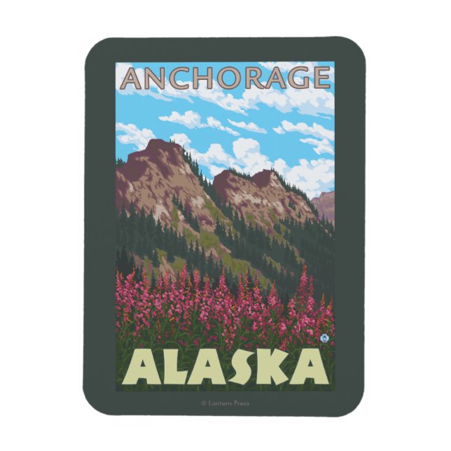 Fireweed & Mountains - Anchorage, Alaska Magnet (Vertikal)