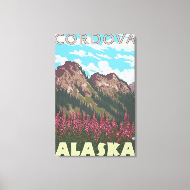 Fireweed & Mountains - Cordova, Alaska Canvastryck (Framsida)