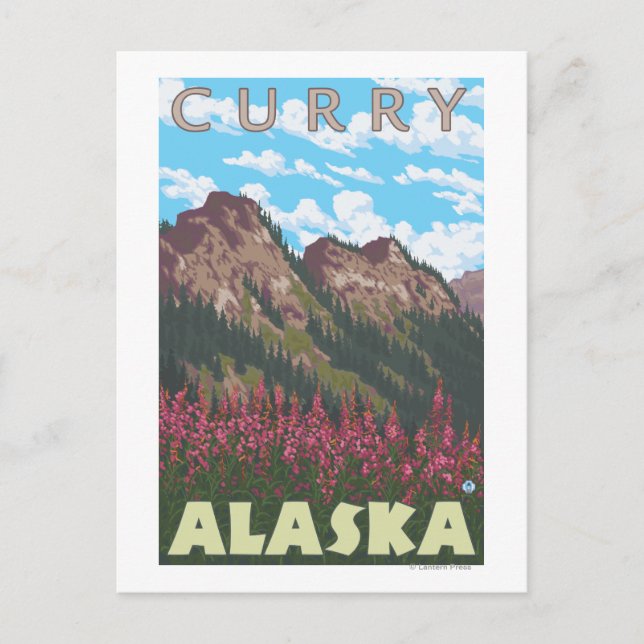 Fireweed & Mountains - Curry, Alaska Vykort (Framsida)