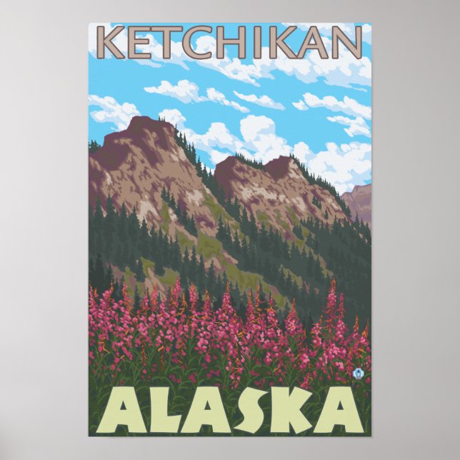 Fireweed & Mountains - Ketchikan, Alaska Poster (Framsidan)