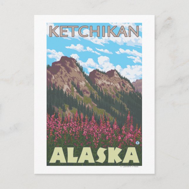 Fireweed & Mountains - Ketchikan, Alaska Vykort (Framsida)
