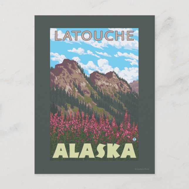 Fireweed & Mountains - Latouche, Alaska Vykort (Framsida)
