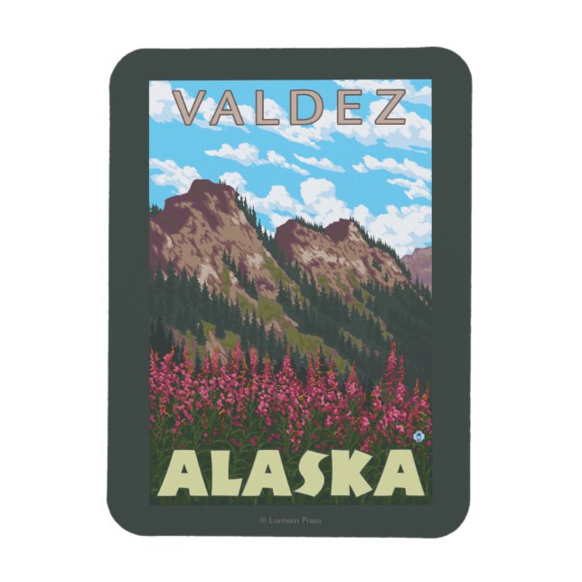 Fireweed & Mountains - Valdez, Alaska Magnet (Vertikal)