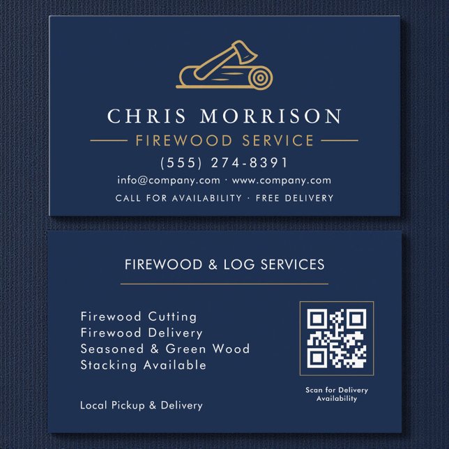 Firewood Supply Service Navy Blue Gold QR Code Visitkort (Skapare uppladdad)
