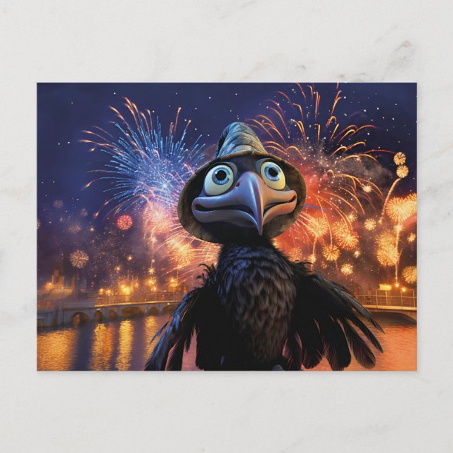 Firework Wonder Raven Watching Night Sky In Styliz Vykort (Framsida)