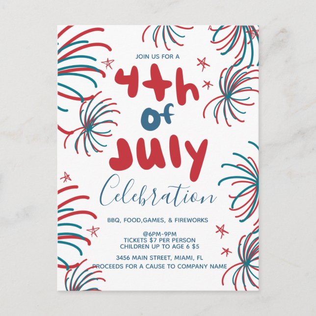 Fireworks 4:e juli: Stars BBBQ Flyer-inbjudan Vykort (Framsida)