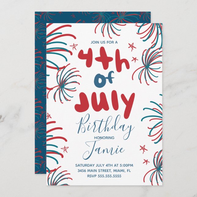 Fireworks 4:e juli Stars BBQ Birthday Kort (Fram/baksida)