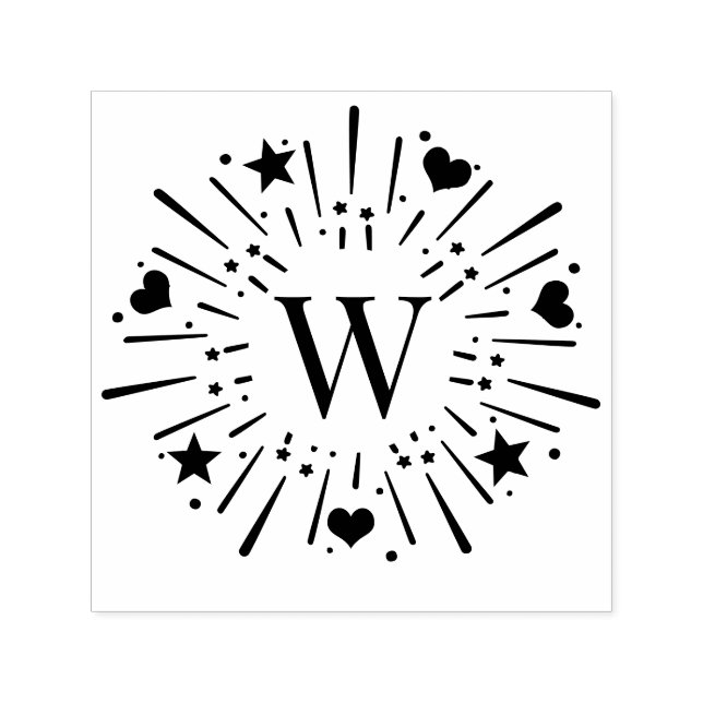 Fireworks Burst Stars Hearts Center 1 initial #2 Självfärgande Stämpel (Design)