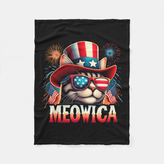 Fireworks Cat Funny Patriotic Kattunge Meowica 4:e Fleecefilt (Framsidan)