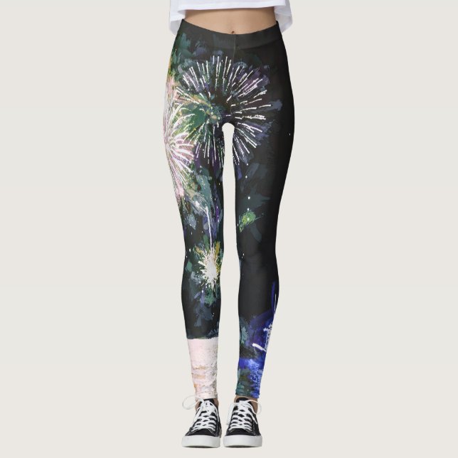 Fireworks Celebrate Boat Watercolor Ocean Leggings (Framsida)