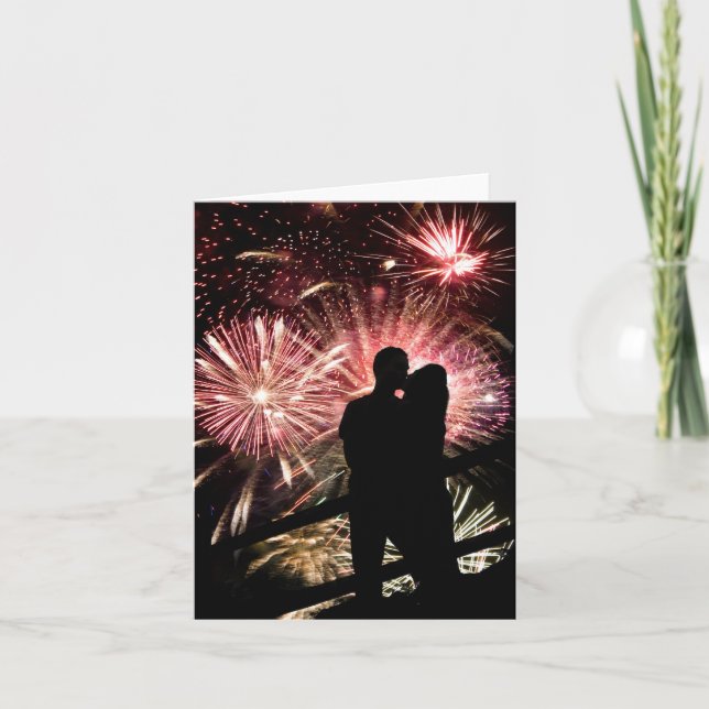 Fireworks Couple Kissing Silhouette Kort (Framsida)